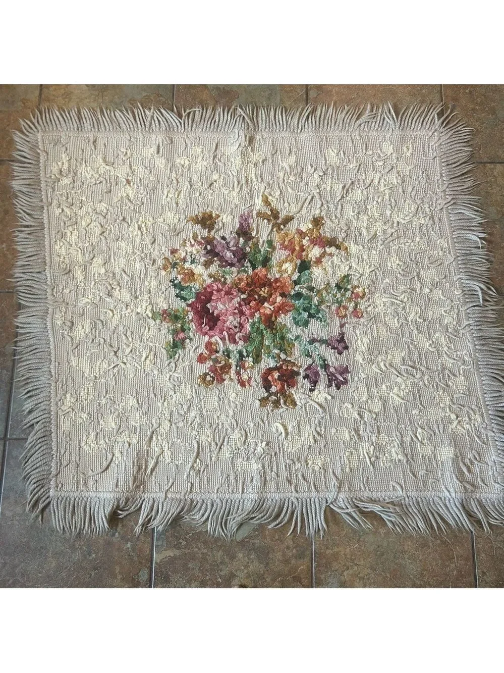 Vintage Needlepoint Tapestry Wool Floral Wall Hanging Fringe Multicolor  40x44”
